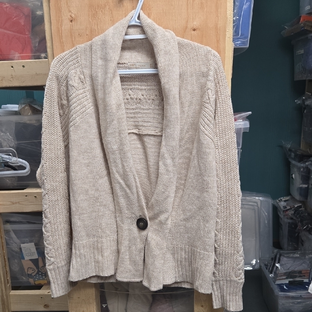 Zara Size M Beige Slouchy Wool Blend Knit Cardigan